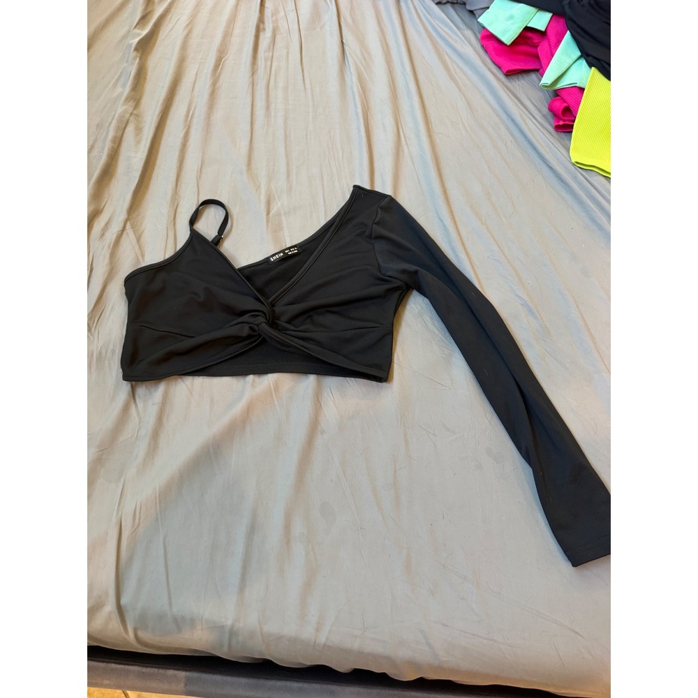 SHEIN Black One Shoulder Long Sleeve Twist Front Crop Top Small US 4